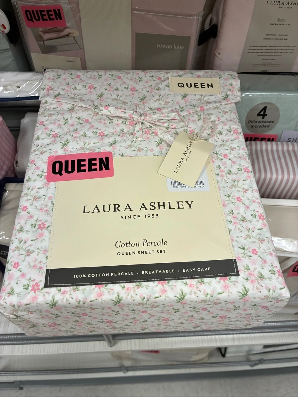 Laura Ashley Pink and Green Floral Cotton Percale Sheet Set